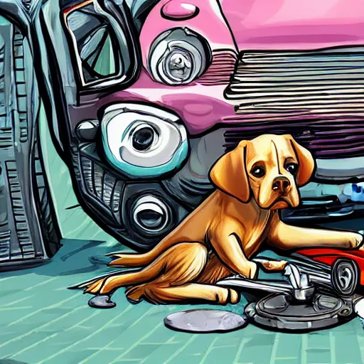 Prompt: dog fixing car engine, fantasy, artstaion
