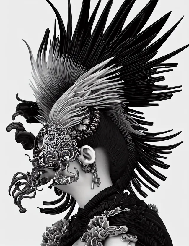 Image similar to 3 d goddess close - up profile simple portrait punk with mohawk with ram skull. beautiful intricately detailed japanese crow kitsune mask and clasical japanese kimono. betta fish, jellyfish phoenix, bio luminescent, plasma, ice, water, wind, creature, artwork by tooth wu and wlop and beeple and greg rutkowski