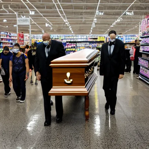 Image similar to A funeral inside a Walmart, dramatic photo