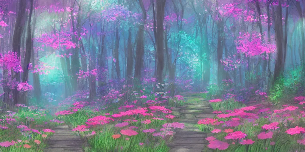 Image similar to path through a wide forest, modern flowers and fierflies, lanterns. pastel!! watercolor art, expansive cinematic view, volumetric shading, intricate and detailed, highly saturated colors. by madeon. breath of the wild style, by hayao miyazaki ghibli!!!. pink!! accents. trending on artstation. award winning