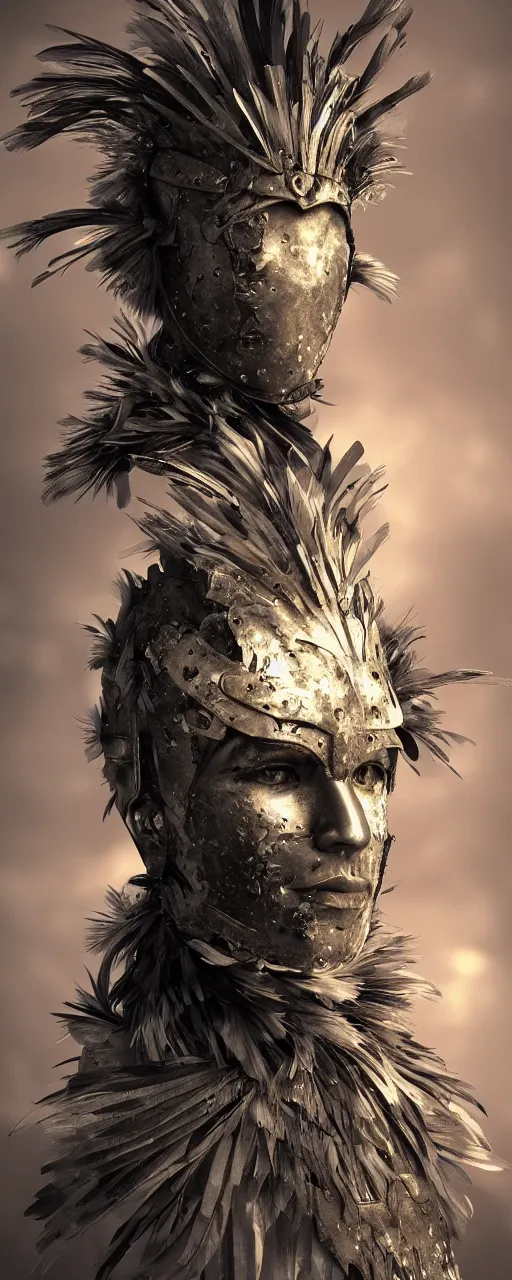 Image similar to a warrior wearing an armor made of feathers, strange energy emitting through body, scars on face, volumetric lighting, scary eyes, digital art,