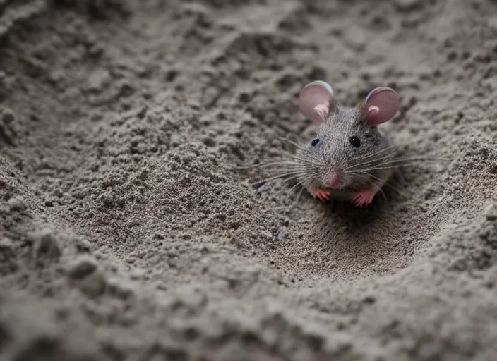 Image similar to dslr photo still of a mouse inside a sand castle, 8 k, 8 5 mm f 1. 4