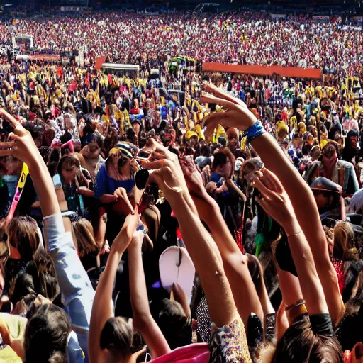 Image similar to rbd band playing on stage in estadio azteca, photograph, widelens, highly detailed, crowded audience, noon, sunlight