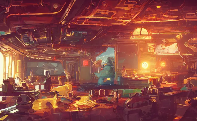 Image similar to a bounty hunter bar in a space opera studio ghibli animated film, global illumination, beautiful composition, volumetric lighting, octane render by alena aenami, highly detailed