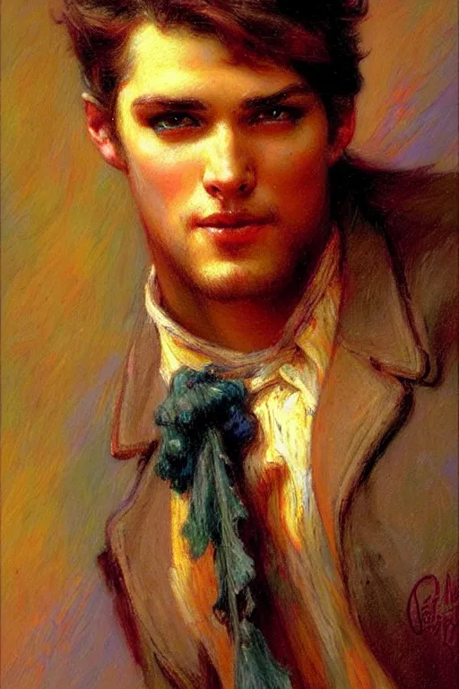 Image similar to attractive male, character design, colorful, painting by gaston bussiere