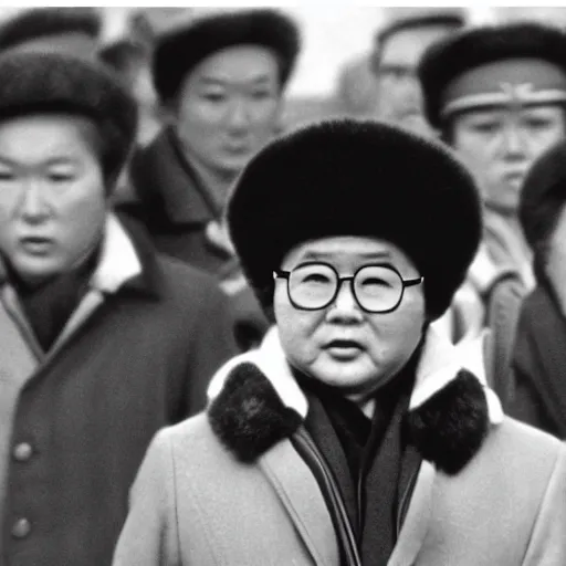 Image similar to filmstill of Kim Jong-il wearing a chapka in the role of Doctor Zhivago by David Lean, 1965, cinemascope, 35mm film, epic romance