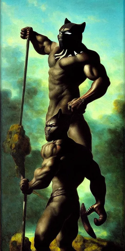 Prompt: muscular black panther barbarian hunter full body pose, sun rays , small bird sihouettes in cyan background , very textured detailed oil painting by rembrandt , hard backlight , in dark cave
