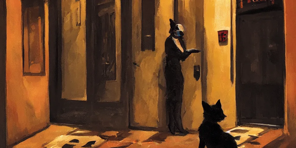 Image similar to a lady dog is waiting at the door of a jazz club, warm color palette, night time, dramatic lighting, german expresionism, noir film, character sheet, fine details, high contrast, blacksad, kim jung gi, greg rutkowski, trending on artstation, 8 k, front view, back view, ultra wide angle