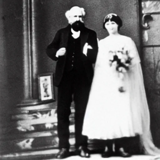 Image similar to Karl Marx and Ayn Rand marrying, wedding photo, 1920, Church altar backround