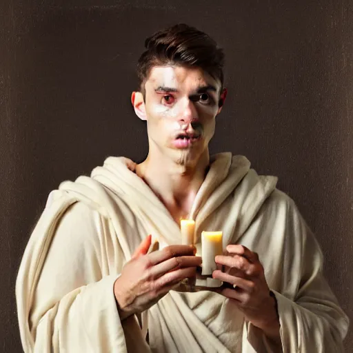 Image similar to attractive handsome kai havertz wearing monk robes holding ivory candlestick. natural lighting by ruan jia, portrait