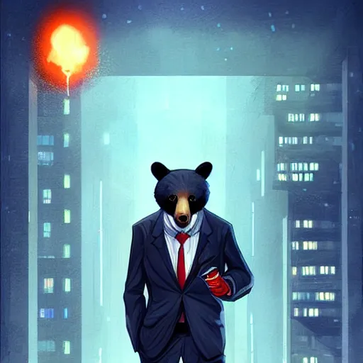 Image similar to a black bear wearing a suit and tie with a cigarette in his mouth, cyberpunk art by Cyril Rolando, featured on deviantart, furry art, furaffinity, smokey background, digital painting