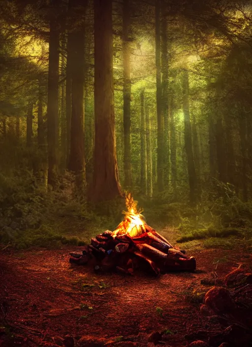 Image similar to cinematic shot epic forest, hyper realistic, mood lighting, fantasy, detailed campfire, highly detailed, super realistic, perfect lighting pixel sorting, style sheet