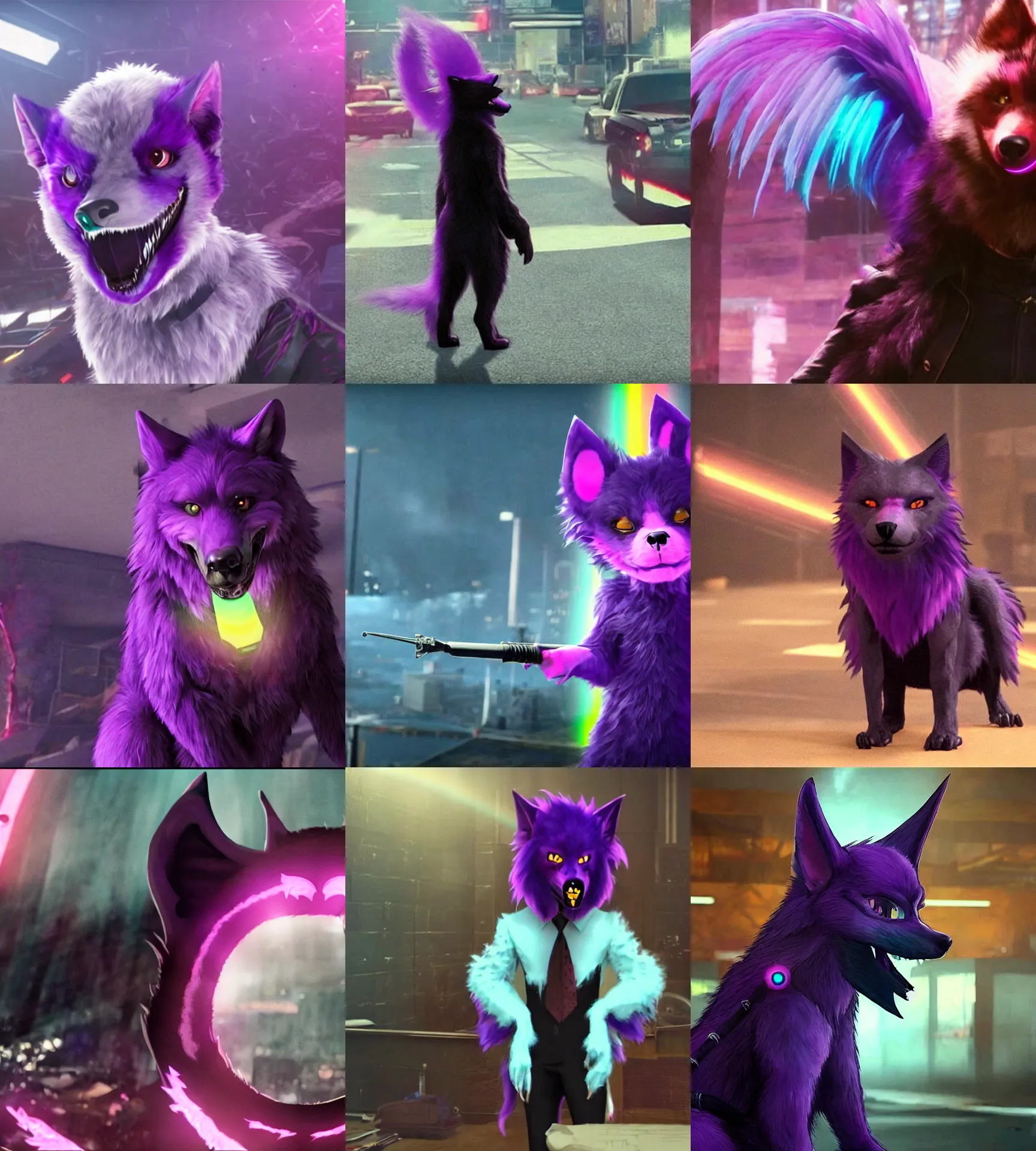 Prompt: ( with a glowing rainbow tail ) a purple wolfbat fursona ( from the furry fandom ) wearing an eyepatch, as a screenshot from the john wick movie series