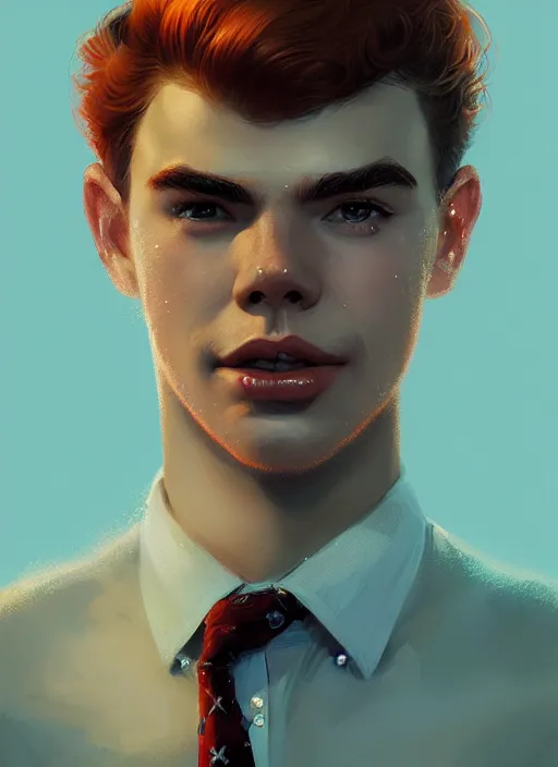 Prompt: portrait of archie andrews, freckles, curly middle part haircut, intricate, elegant, glowing lights, highly detailed, digital painting, artstation, concept art, smooth, sharp focus, illustration, art by wlop, mars ravelo and greg rutkowski