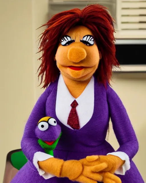 Image similar to meredith palmer as a muppet. highly detailed felt. hyper real photo. 4 k.