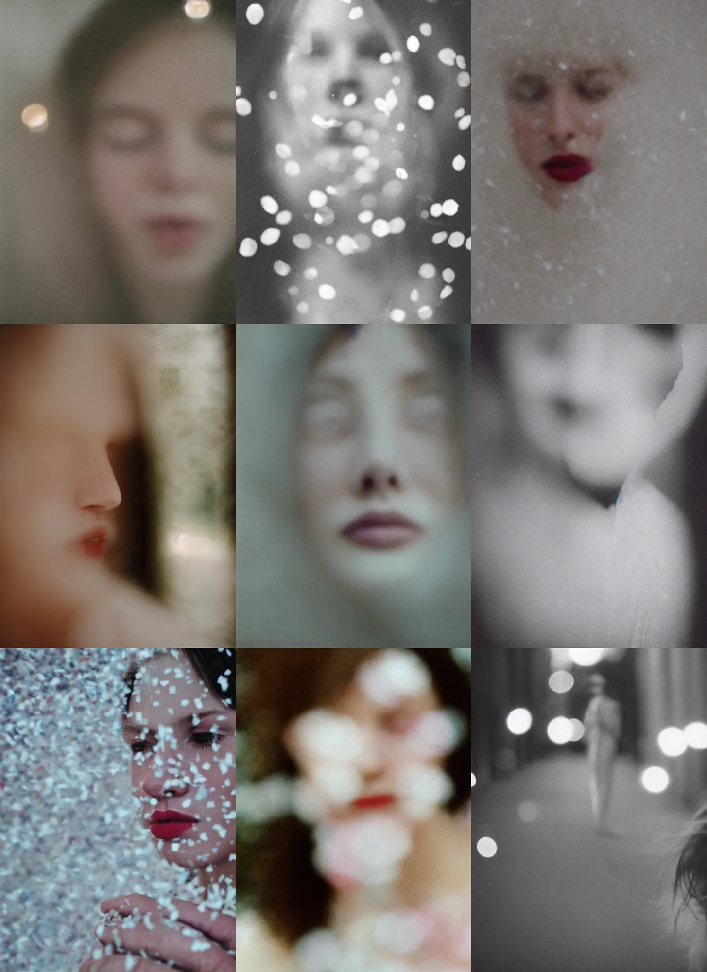 Prompt: out of focus white confetti, out of focus photorealistic portrait of an ugly pale woman by saul leiter, very blurry, translucent white skin, closed eyes, foggy
