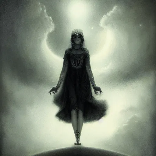 Image similar to By Tom Bagshaw, ultra realist soft painting of magical universe by night, Lilipuff, symmetry accurate features, very intricate details, ominous sky, black and white, volumetric light clouds
