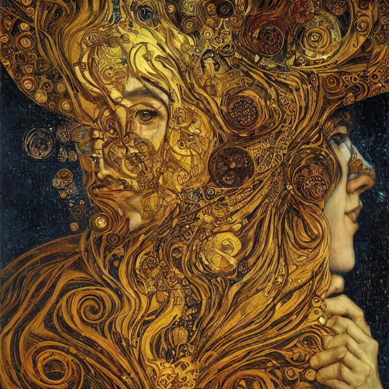 Image similar to Divine Chaos Engine portrait by Karol Bak, Jean Deville, Gustav Klimt, and Vincent Van Gogh, sacred geometry, visionary, mystic, fractal structures, ornate gilded medieval icon, spirals