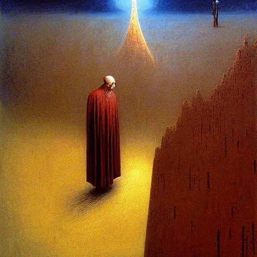 Image similar to a giant priest stands over a city painting by beksinski, barlowe colors. masterpiece painting