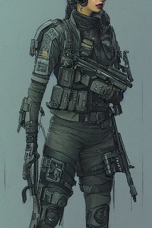 Prompt: Sonya. Confident blackops mercenary in tactical gear and cyberpunk headset. Blade Runner 2049. concept art by James Gurney and Mœbius.