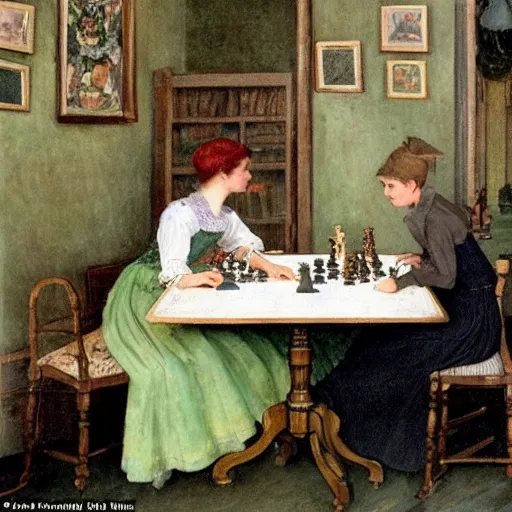 Image similar to a young edwardian woman wearing a green blouse and grey skirt sits by a chessboard at a table, in the style of carl larsson