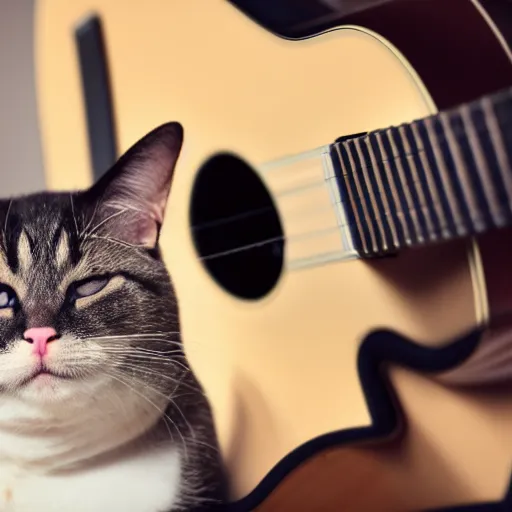 Prompt: cute fat cat playing guitar, studio photography