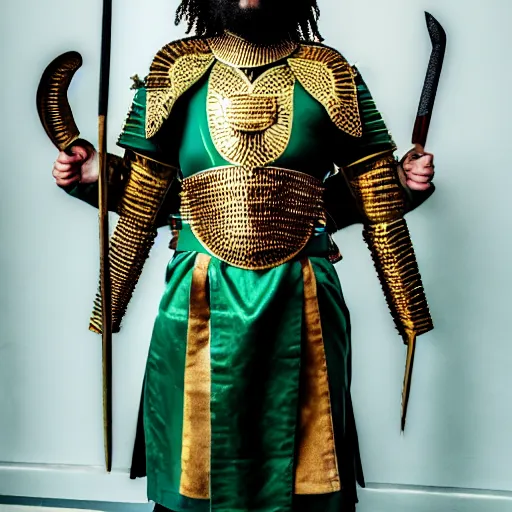 Prompt: photo of a real-life beautiful warrior with malachite armour