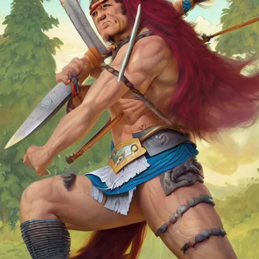 Image similar to a portrait of a cartoon character that has been brought to the real world, a a barbarian with a kind heart, the setting is a normal suburban backyard by Huang Guangjian and Gil Elvgren and Sachin Teng, 8k,