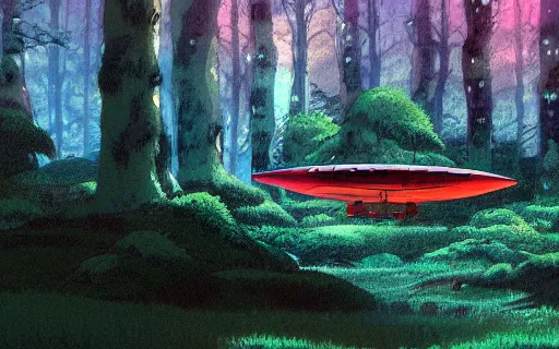 Prompt: a spaceship landing in the middle of a forest, art by hayao miyazaki, studio ghibli film, hi res, 4k, high detail