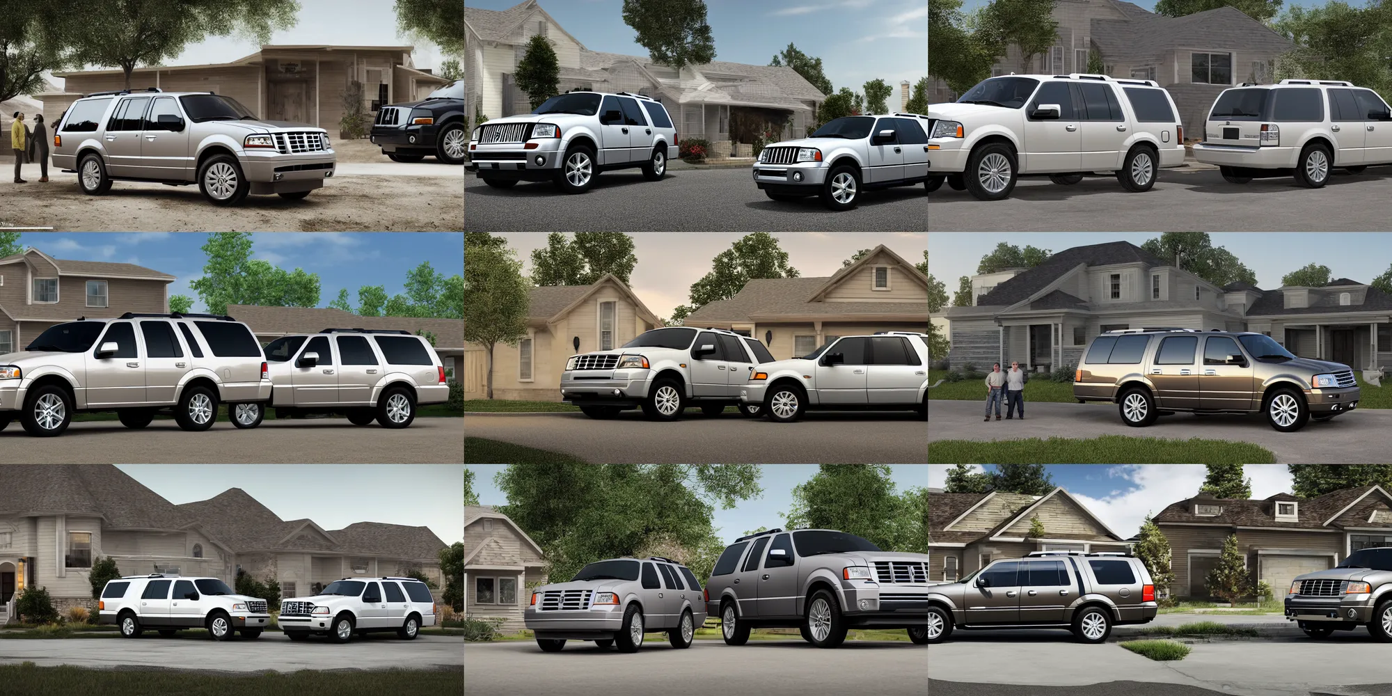 Prompt: an suv inspired by a 2 0 0 7 ford expedition and 2 0 0 7 lincoln navigator parked in front of a house, a digital rendering by the family circus, trending on cg society, regionalism, ue 5, rendered in unreal engine, ultrafine detail