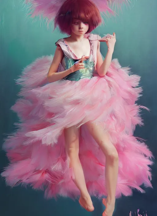 Prompt: beautiful little girl with an pink eccentric haircut wearing an dress made of feathers dancing on stage, artwork made by ilya kuvshinov, inspired in donato giancola, hd, ultra realistic, reflection, flowers, light, realistic face, bird, trending on pixiv, 8 k