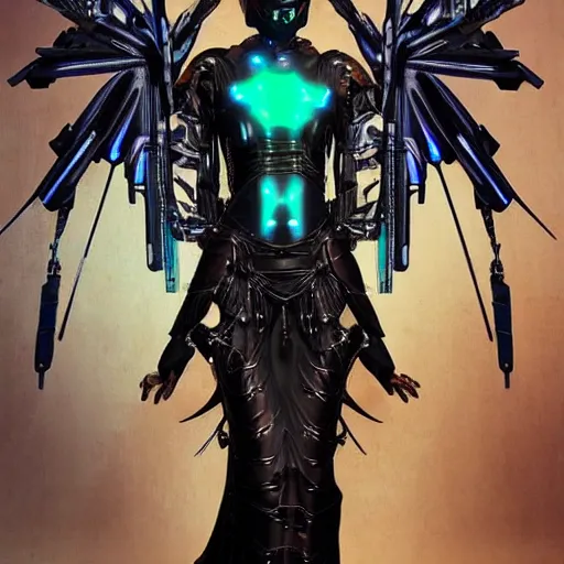 Prompt: tall female cyber angel, cyberpunk armor, flowing robes, ornate gothic interior