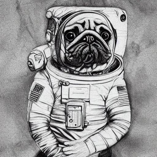 Image similar to pencil art, golden - ratio, spirals, highly detailed, astronaut pug in outer space by davinci.