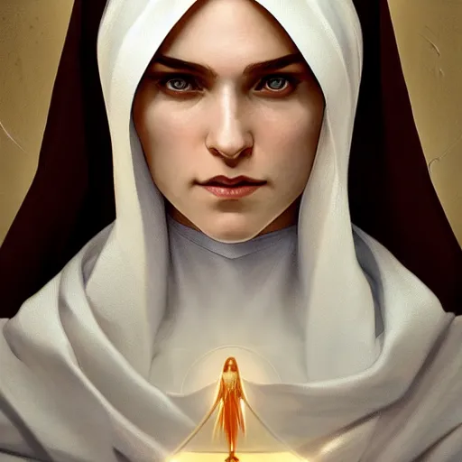 Image similar to portrait of a dystopian nun, intricate, headshot, highly detailed, digital painting, artstation, concept art, sharp focus, cinematic lighting, digital painting, art by artgerm and greg rutkowski, alphonse mucha, cgsociety