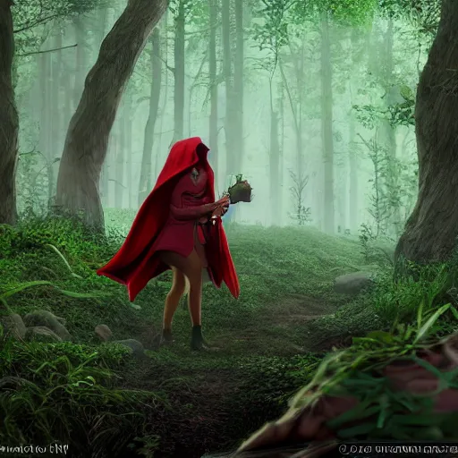 Image similar to portrait of a smirking heavily armed little red riding hood with a cute and beautiful face, getting attacked by a werewolf from behind in a lush green forest, sharp focus, unreal engine 5, digital illustration, volumetric light, highly detailed, intricate, by michael whelan, james gurney, 8 k