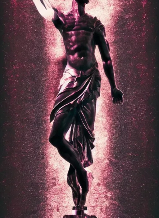 Prompt: dark design poster showing a statue of the greek gods, black background with very subtle red and purple design elements, powerful, nekro, vito acconci, thin straight lines, dark, glitch art, neo vaporwave, gritty, layout frame, square, trending on artstation