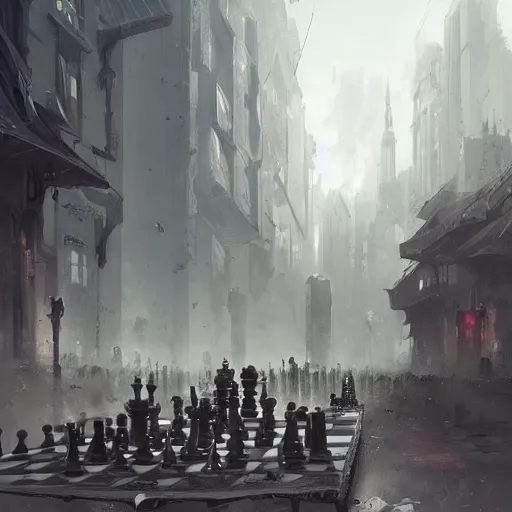 Image similar to concept art of a city whose inhabitants are chess pieces, by greg rutkowski