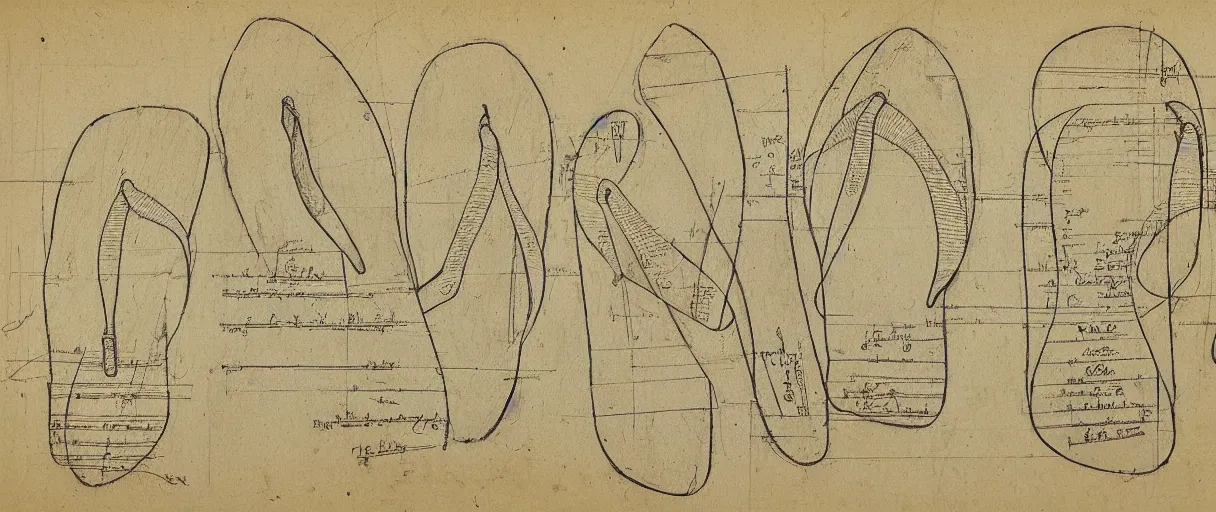 Image similar to detailed blueprint sketches of flip flops, labelled, notes, diagram, by leonardo davinci, on yellow paper, worn, pencil, sketch