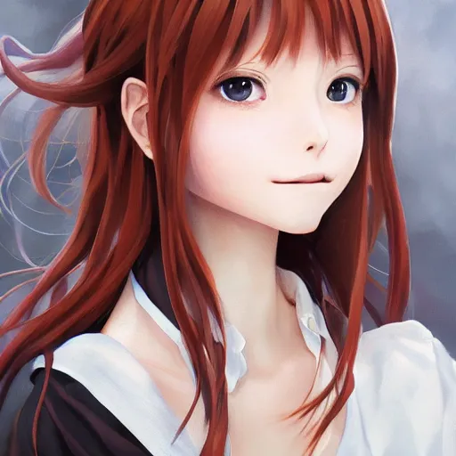 Prompt: An anime portrait of a young beautiful happy girl with straight reddish-brown hair, brown eyes, wearing a shirt, closed-mouth smile, by Stanley Artgerm Lau, WLOP, Rossdraws, James Jean, Andrei Riabovitchev, Marc Simonetti, and Sakimi chan, trending on artstation