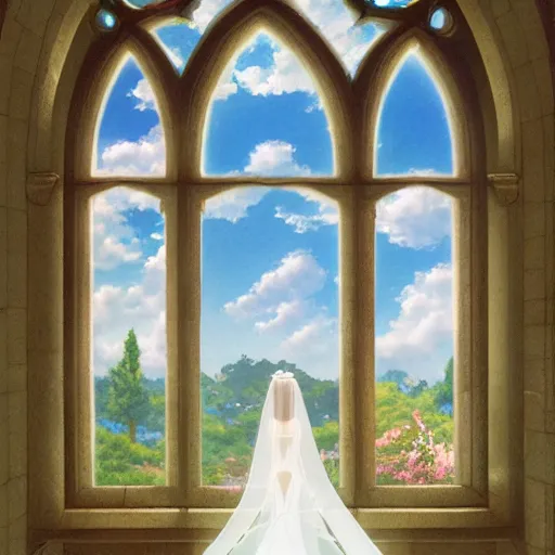 Image similar to a detailed beautiful picture of the window of the church, a bride and a groom, sky, flower, by makoto shinkai, - w 7 6 8