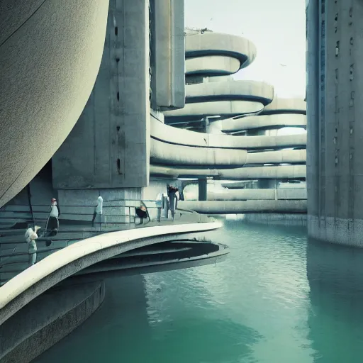 Image similar to scifi architecture, city, sustainable, ecology, green, parametric, brutal, concrete, people, sea, water, cinematic, realistic, octane render.