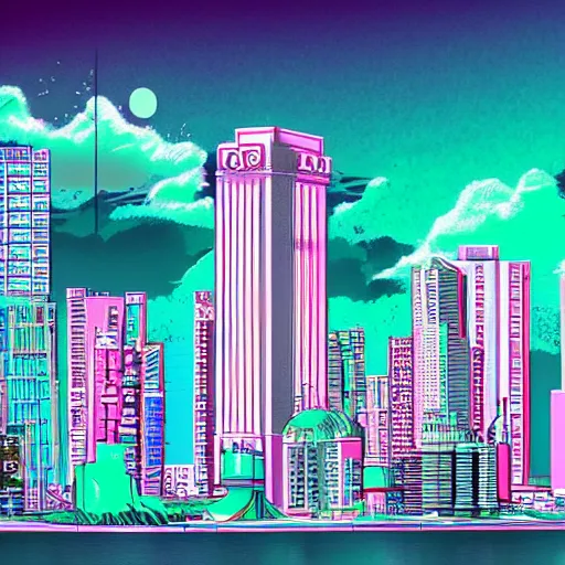 Image similar to city drawn in vaporwave art style