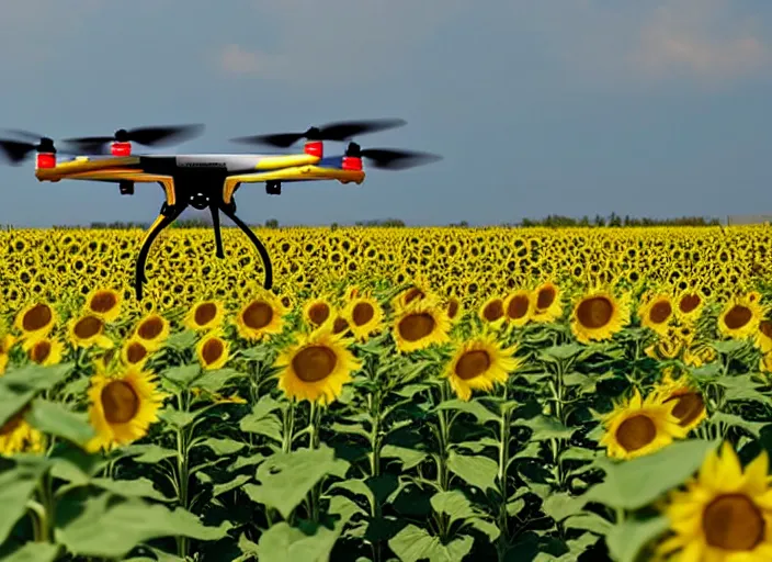 Prompt: Communist Propaganda Poster of a Bayraktar TB2 drone in a sunflower field.