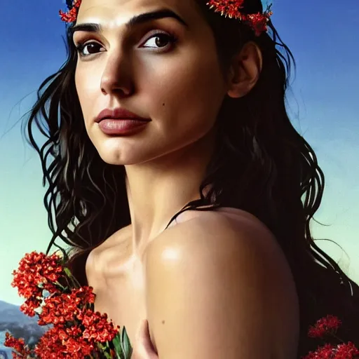 Prompt: Portrait of the beautiful woman Gal Gadot, she is posing, she has a crown of flowers, she is sitting on a rock at the side of a volcano, there is fog, she is getting ulluminated by the rays of the sunset, the photo was taking by Steve McCurry, matte painting, oil painting, naturalism, 4k, 8k