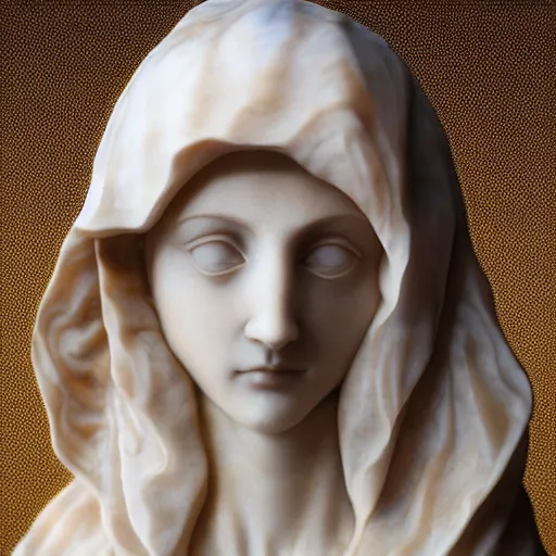 Image similar to a marble sculpture of the veiled virgin, subsurface scattering, !face, !female, covered in intricate !!detailed golden streaked veil , physically based rendering, photo realistic, top light , dark background