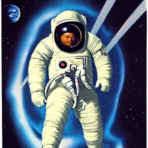 Image similar to cosmonaut floating in space viewed from far away, retrofuturistic, scifi