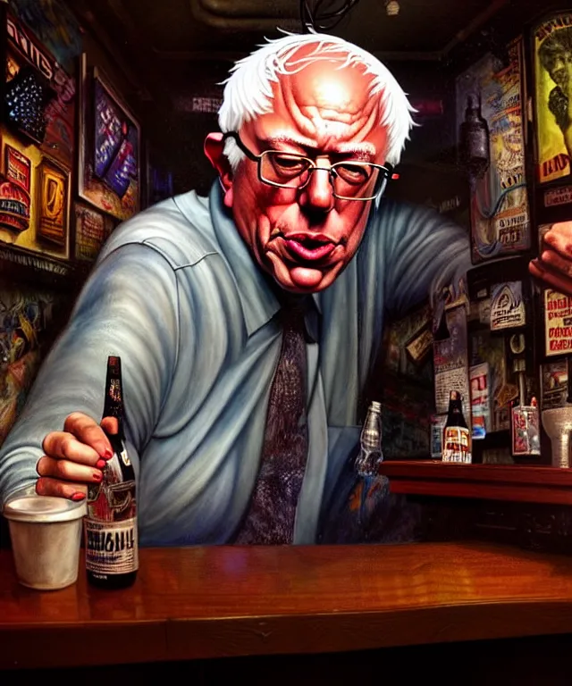 Prompt: hyperrealistic mixed media painting of Bernie Sanders as a crazy drunk, dimly lit dive bar, stunning 3d render inspired art by P. Craig Russell and Barry Windsor-Smith + perfect facial symmetry + dim volumetric lighting, 8k octane beautifully detailed render, post-processing, extremely hyperdetailed, intricate, epic composition, grim yet sparkling atmosphere, cinematic lighting + masterpiece, trending on artstation, very very detailed, masterpiece, stunning