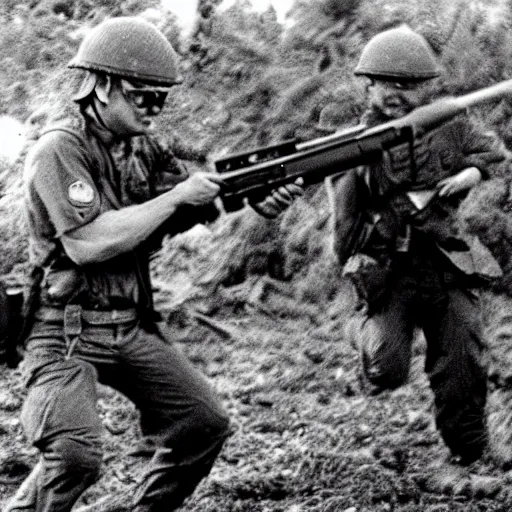 Image similar to “ hamster in the vietnam war firing an m 1 6, action shot, highly detailed, film photograph ”