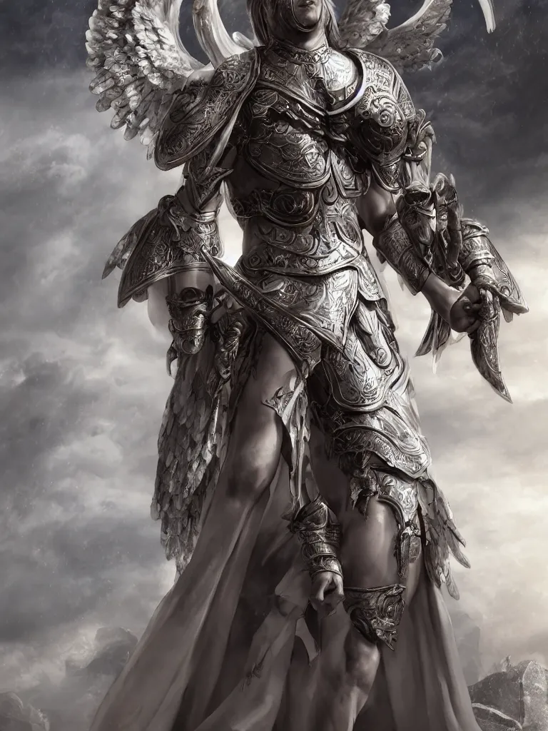 Prompt: male divine and rogynous gorgeous, with a white gold high angelic armor, symmetrical, full body, dark epic, roman toga, cinematic lighting, heaven background, concept art, highly detailed, photorealistic, 4 k, mist, octane render, unreal engine, hyper detailed, volumetric lighting.