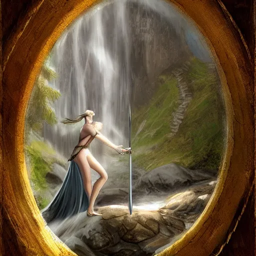 Image similar to A woman with a sword stands under a waterfall, the middle ages, knight\'s armor, digital art, beautiful